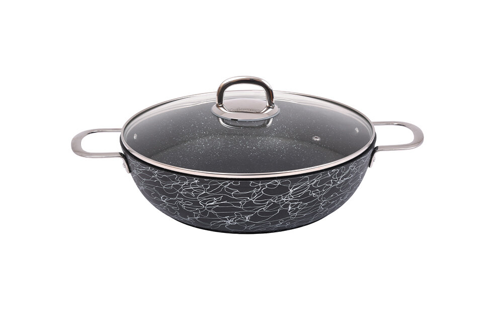 Сотейник 300/85мм с ручками, со стекл. крышкой, АП линия "Грация" (черный/серебро) — фото 1