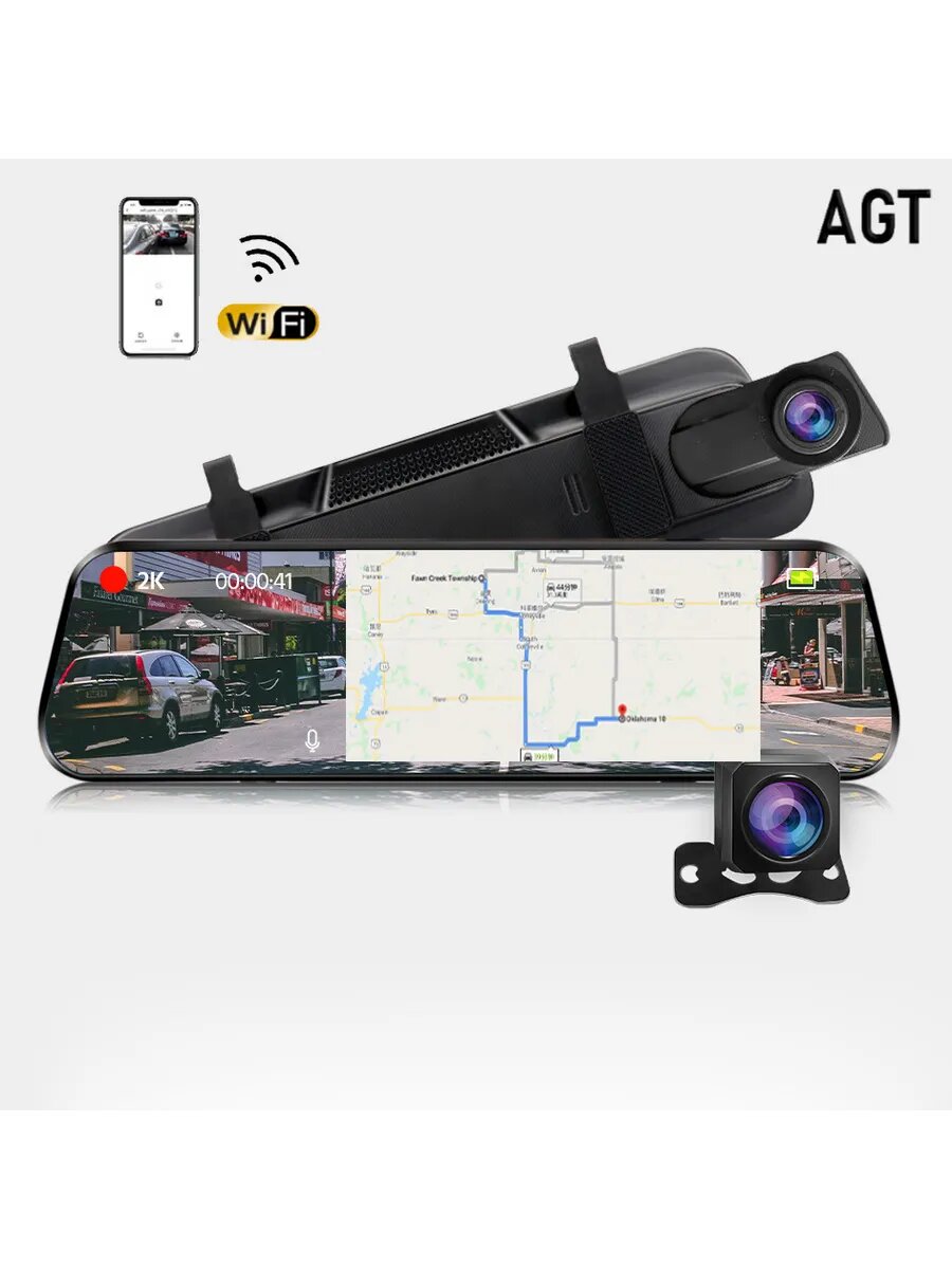 Зеркало заднего вида Lingtong, с двумя камерами, 10 дюймов, 64 Гб, с GPS, чёрно-синее, WIFI