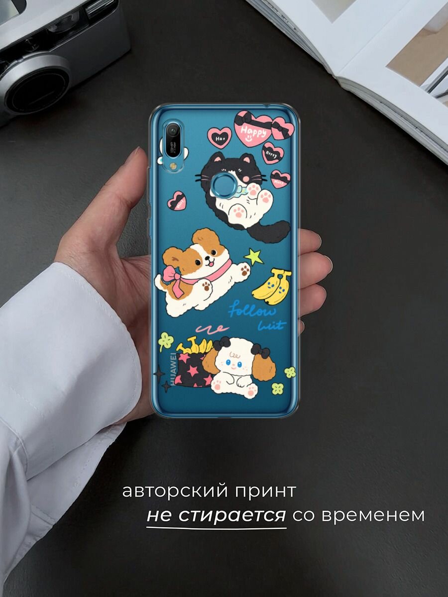 Чехол на Honor 8A/8A Pro/Huawei Y6s/Y6 2019 / Хонор 8А с принтом "Кудрявые животные", прозрачный — фото 1
