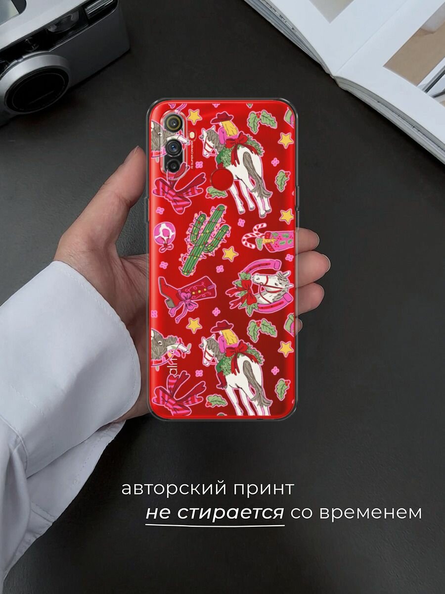 Чехол на Realme C3 / Реалми C3 с принтом "Кактус с гирляндой 2", прозрачный — фото 1