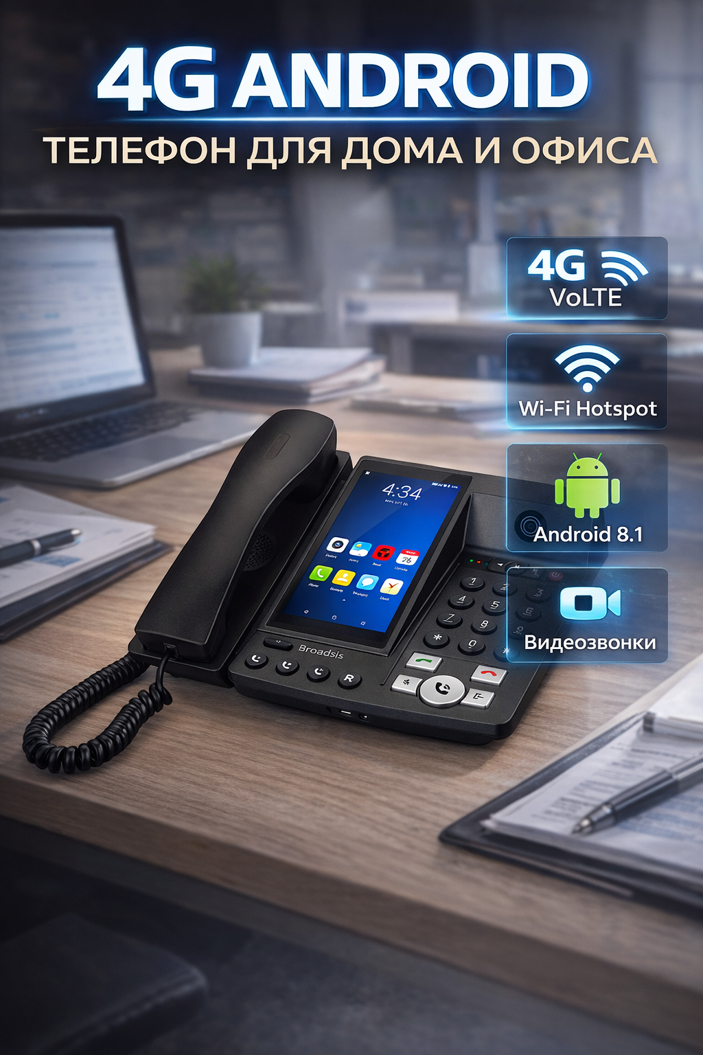 Стационарный сенсорный 4G Android телефон Broadsis F910 с Wi-Fi, VoLTE и видеозвонками для дома и офиса.