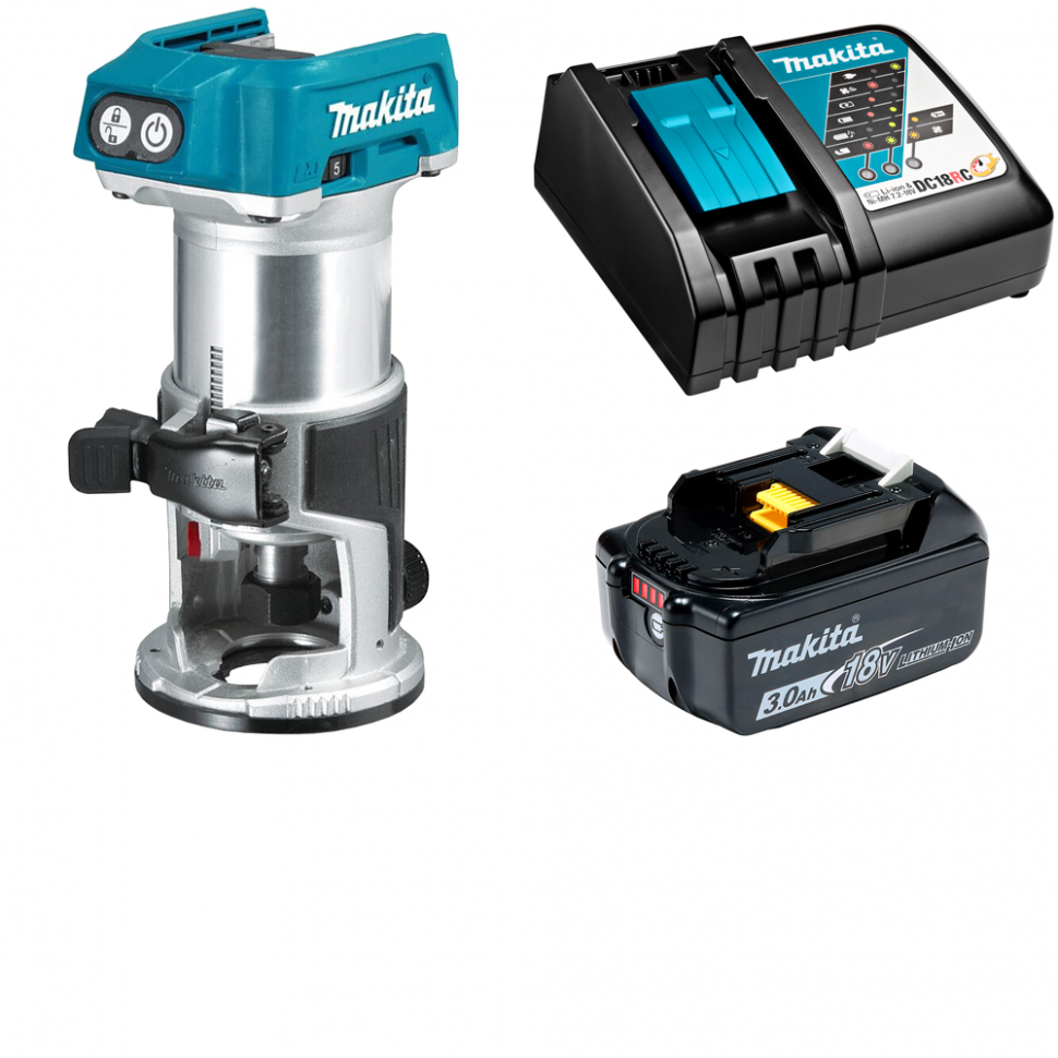 Аккумуляторный кромочный фрезер Makita DRT50RF1 (18V, 1 x 3.0Ah, Li-Ion), цанга 6 и 8мм
