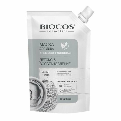 Маска для лица BioCos на основе белой глины, Детокс и Восстановление в дойпаке, 100 мл дом природы маска детокс очищение на основе крымской бело голубой глины 30 г