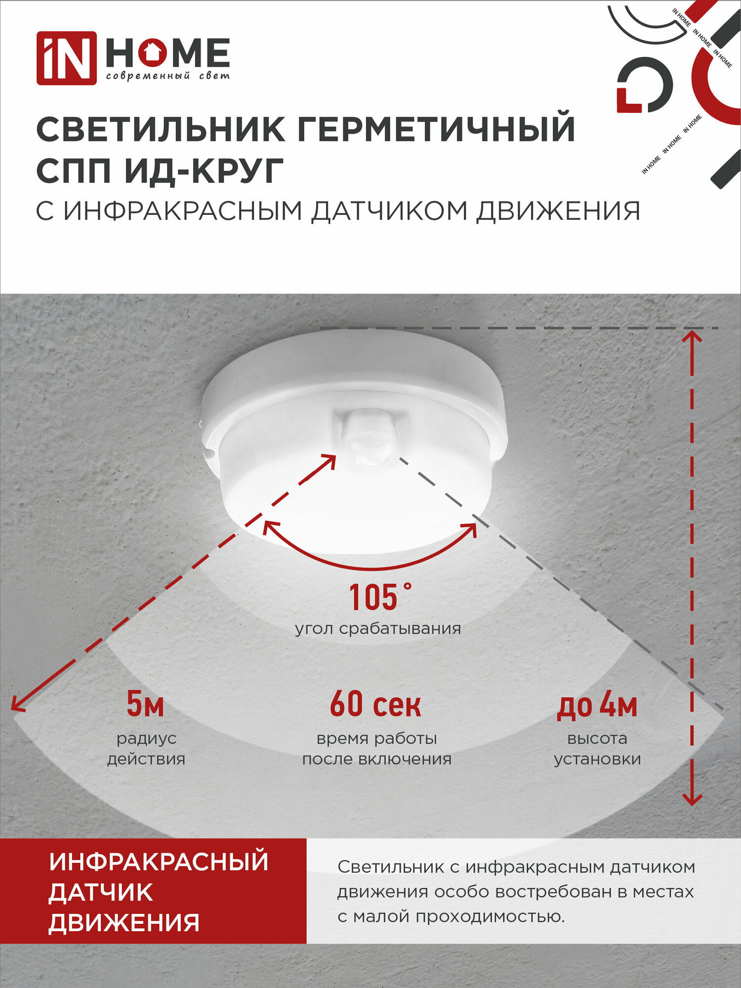 Светильник светодиодный герметичный СПП ИД-1065-КРУГ 10Вт 6500К 900Лм с инфракрасн датчиком IP65 140мм IN HOME - фотография № 2