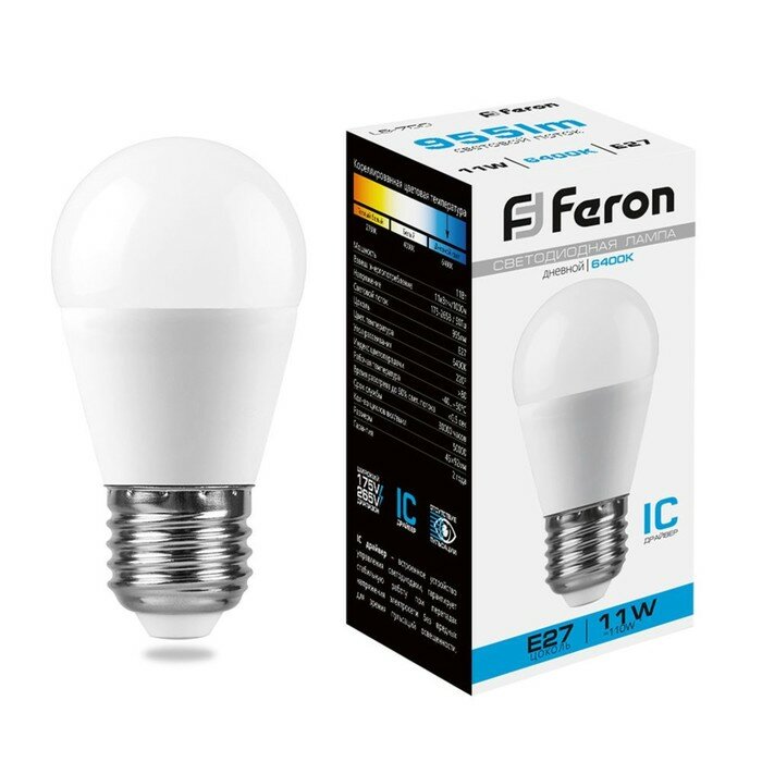 FERON Лампа светодиодная FERON, "Шар" Е27, 11 Вт, 230 В, 6400 К