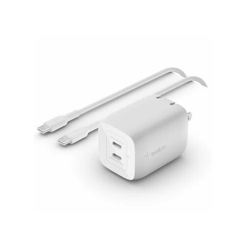 Зарядное устройство Belkin BoostCharge Pro Dual USB-C GaN Wall Charger with PPS 65W + USB-C to USB-C Cable, белый зарядное устройство belkin boostcharge pro flex usb c to usb c cable 1м белый