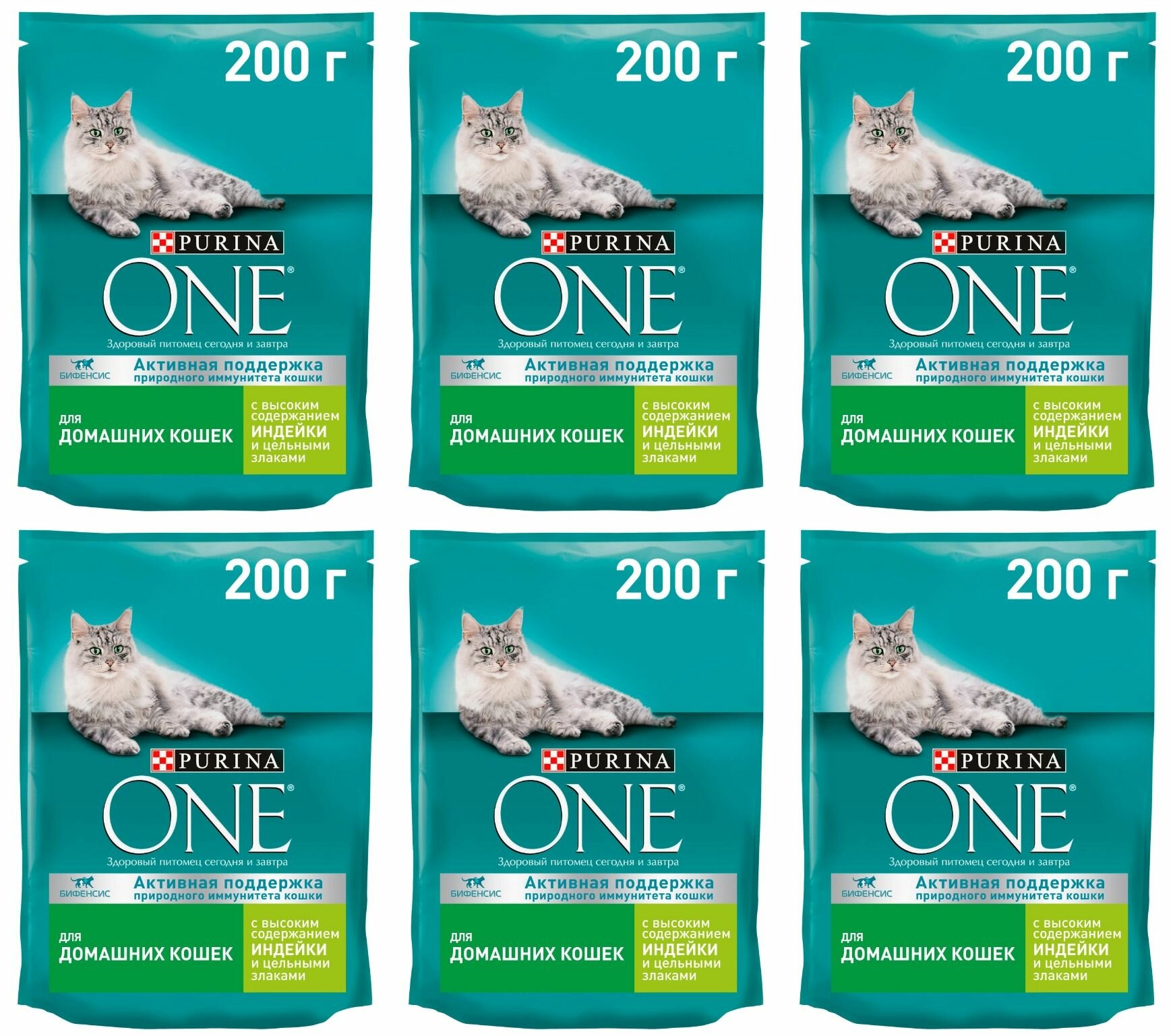 Purina ONE Сухой корм для домашних кошек, с высоким содержанием индейки и цельными злаками, 200 г, 6 уп