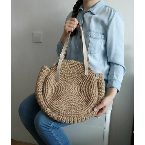 фото Сумка шоппер , фактура плетеная, вязаная, бежевый нет бренда