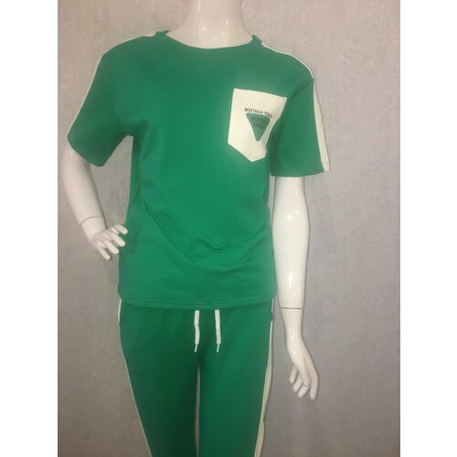 фото Костюм, футболка и брюки, повседневный стиль, свободный силуэт, карманы, трикотажный, пояс на резинке, размер 42, зеленый, белый узбекистан