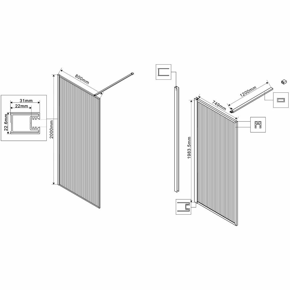 Душевая перегородка Vincea Walk-In VSW-1HP800FLB, 800х2000, черный матовый, стекло рифленое