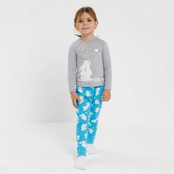Пижама детская (лонгслив/брюки) 122-128 в серо-голубом цвете Зайчик