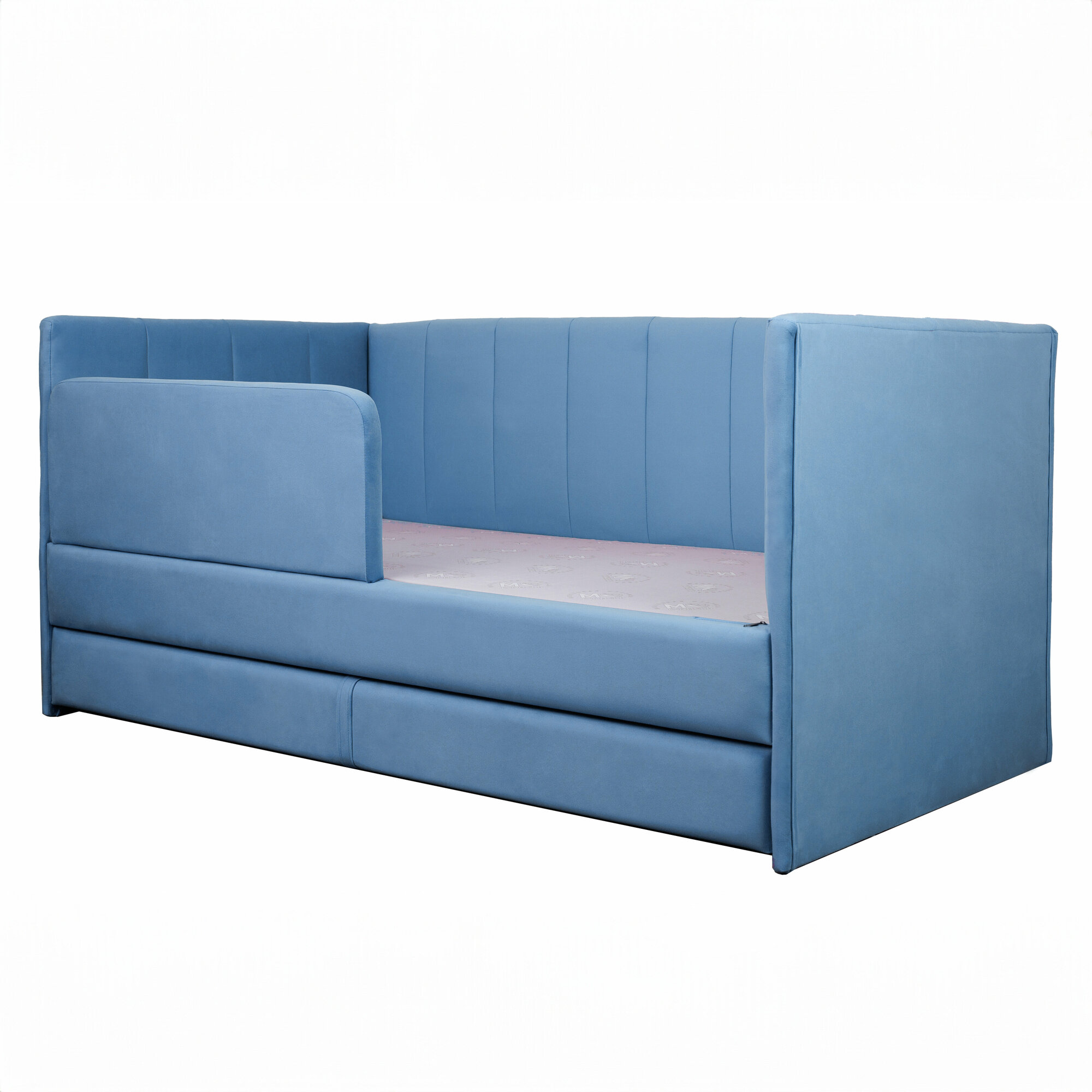 Кровать-диван Хагги 160*80 голубая с защитным бортиком, с ящиком для хранения