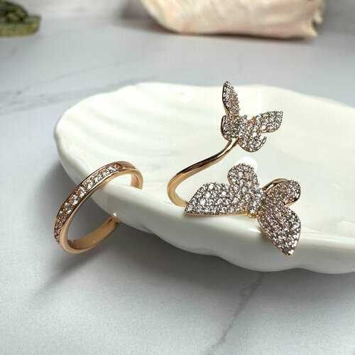фото Набор колец xuping jewelry сет колец: кольцо с бабочками + кольцо на фалангу (позолота), циркон, безразмерное, золотой