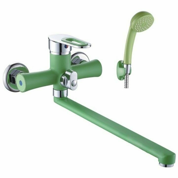 Смеситель Эверест В22-274Е для ванны / душа / раковины с длинным (35 см) поворотным изливом, хромированный, Зеленый