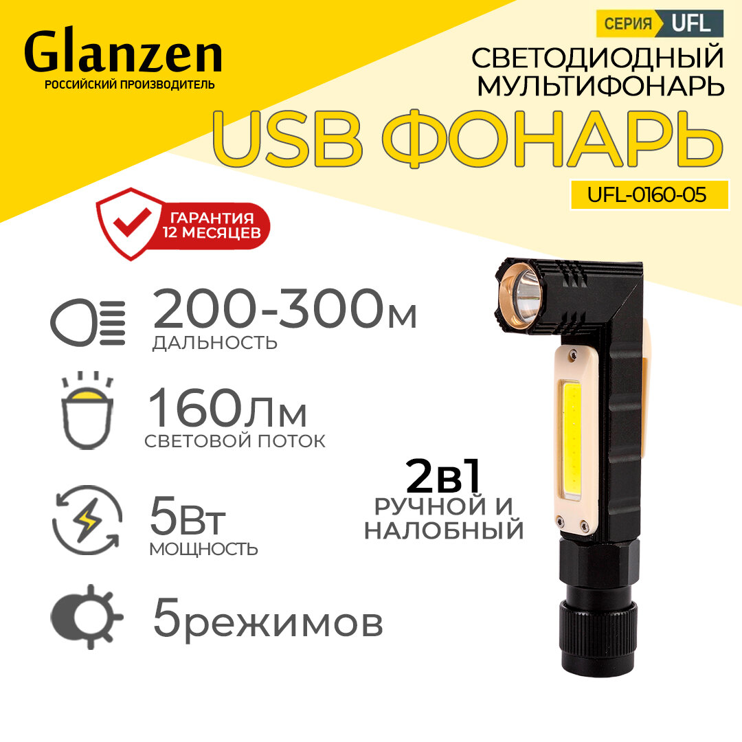 Светодиодный ручной-налобный фонарь с магнитом UFL-0160-05 аккумуляторный с USB-зарядкой, 5 режимов работы