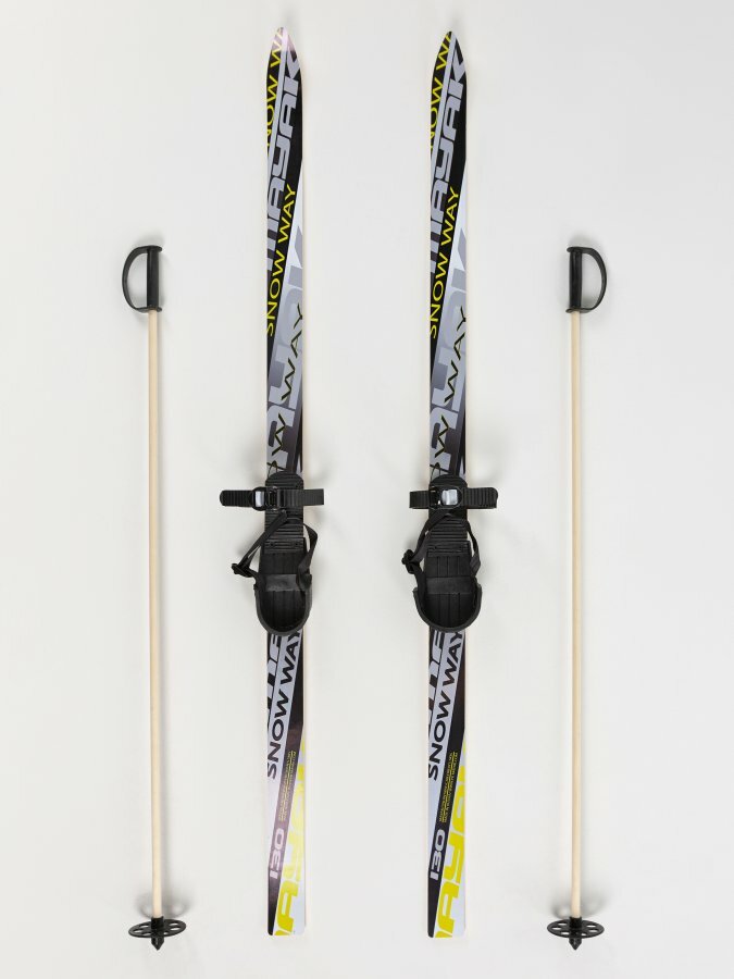 Лыжи детские пластиковые 120 см Маяк с палками и креплениями (дерево-пластик с насечками) серый