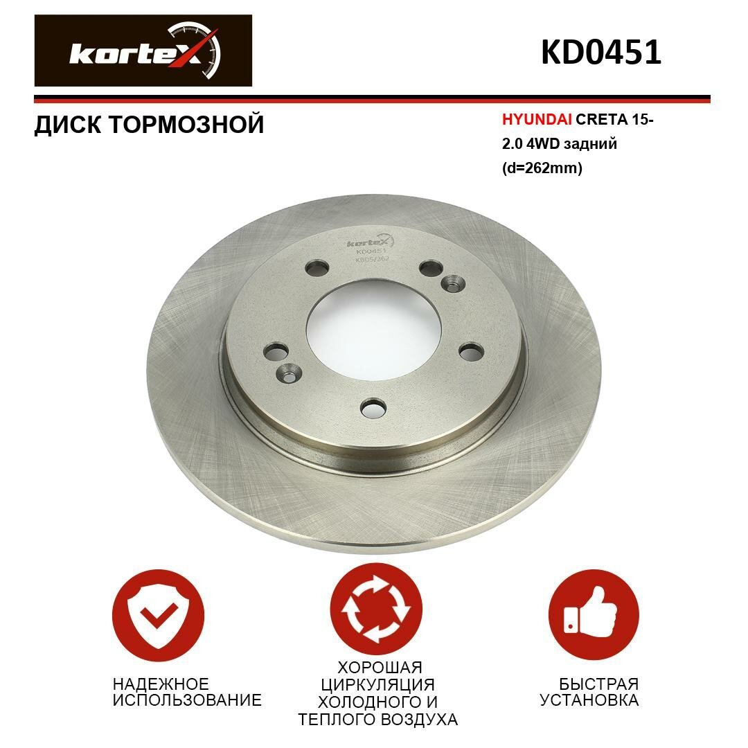 Тормозной диск Kortex для Hyundai Creta 15- 2.0 4WD зад.(d-262mm) OEM 58411C9500, KD0451, R1158