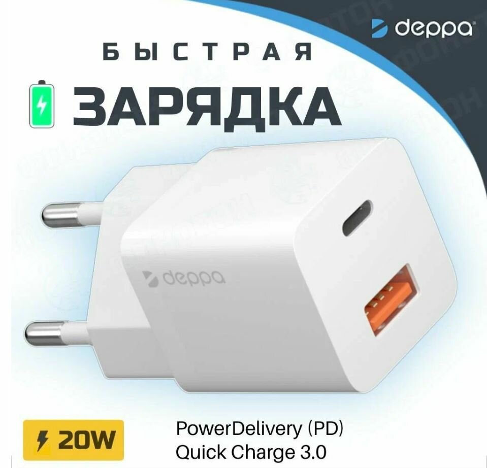 Быстрое зарядное устройство от сети PD 3.0, QC 3.0, GaN, 20Вт (USB-C + USB-A) Сетевой блок питания для Apple, Samsung, Xiaomi, Huawei