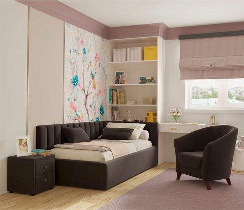 Изображение товара Кровать-тахта Milena 90х200 односпальная шоколадная подъемная, мягкая спинка из велюра, с ортопедическими ламелями, с ящиком для хранения