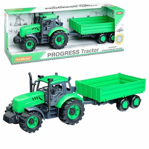 Трактор Полесье Прогресс с бортовым прицепом инерционный зеленый в коробке (91260)