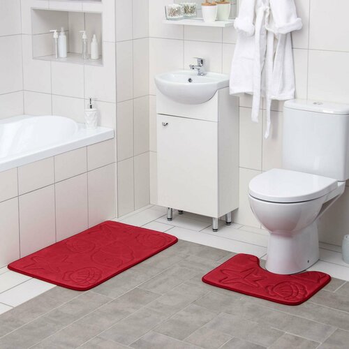 Набор ковриков для ванной и туалета «Ракушки», объёмные, 2 шт: 40×50, 50×80 см, цвет бордовый