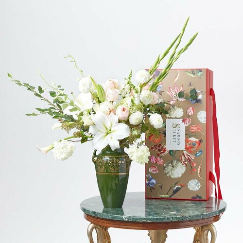 Flower box No.6341 Антирринум (Леувенбек), Георгин, Гладиолус, Гортензия, Калла, Лилия, Орхидея Дендробиум, Роза пионовидная, Рубус (Малина)