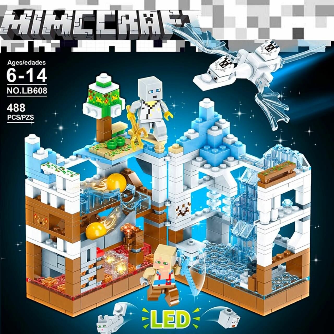 Конструктор Майнкрафт с LED подсветкой набор My World Mineсraft "Битва с Драконом" Большая Деревня с жителями Сражение за белую крепость