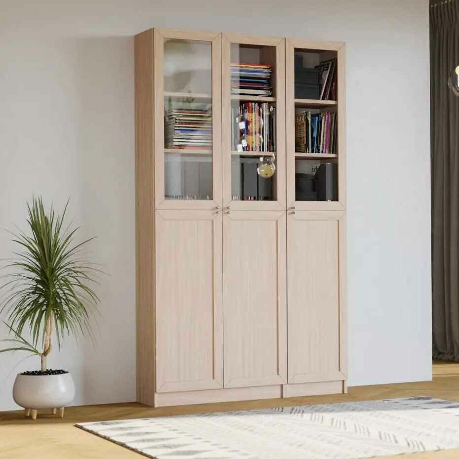 фото Шкаф- стеллаж Билли Billy по мотивам Икеа 12, 120х30х202 см Дуб молочный ЛДСП/рамка МДФ/стекло