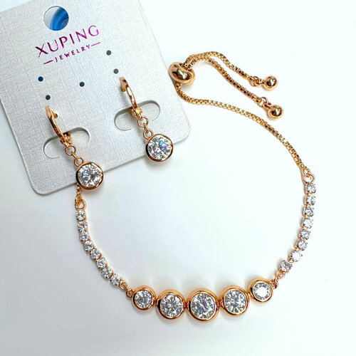 фото Комплект бижутерии xuping jewelry набор: браслет и серьги-подвески "алмазная капля": серьги, браслет, циркон, золотой