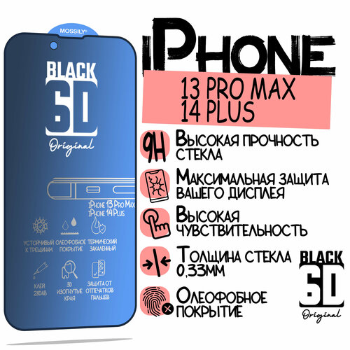 Защитное стекло антишпион/antispy 6D Black для iPhone 13 Pro Max/14 Plus , с олеофобным покрытием, прозрачное с черной рамкой