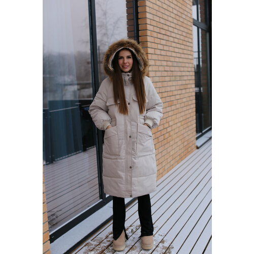 Куртка , размер 46/48, бежевый женская зимняя куртка пуховик с капюшоном на 90% утином пуху