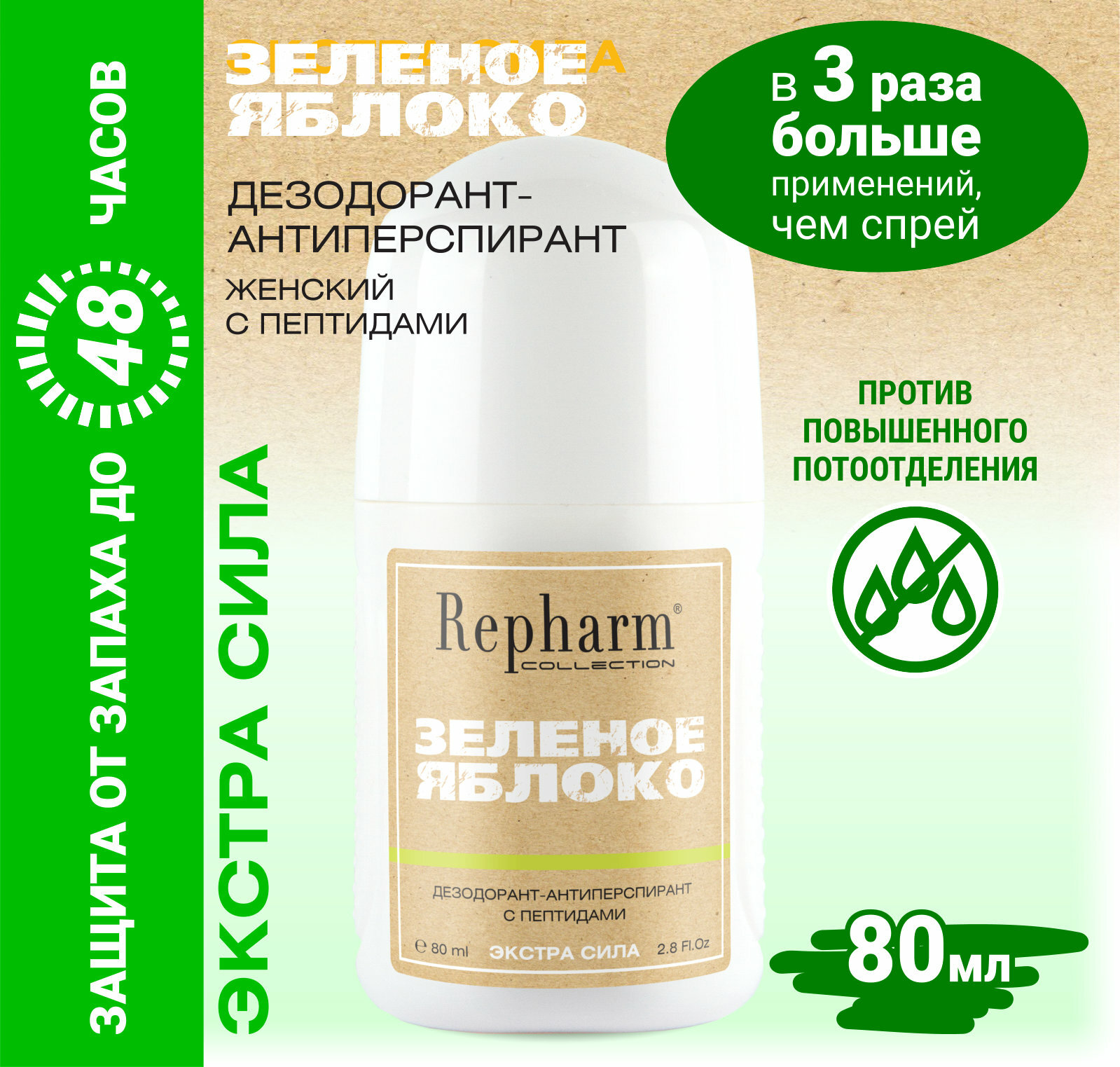 Дезодорант - антиперспирант Repharm COLLECTION Зеленое яблоко 80 мл с пептидами for women экстра сила