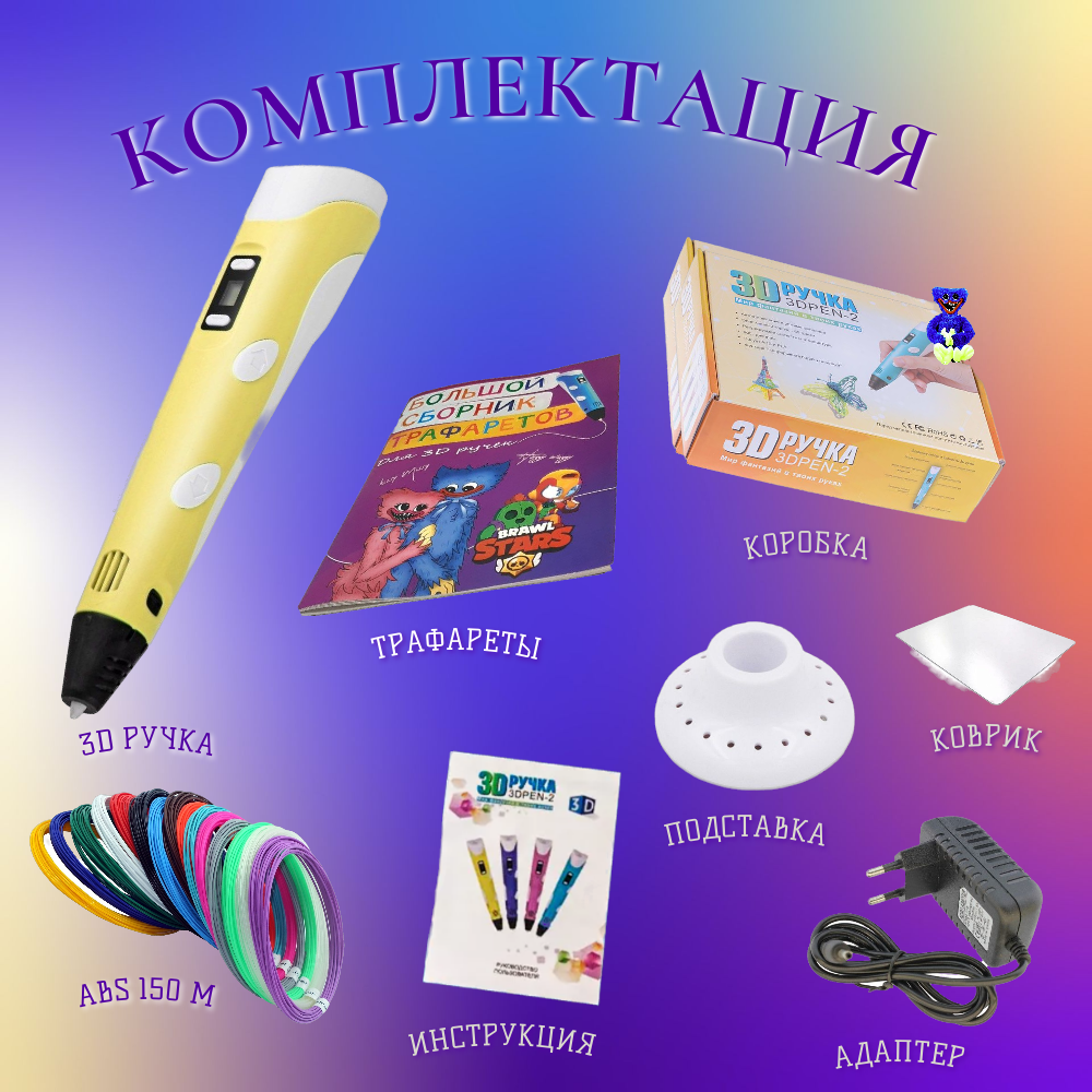 3D ручка с комплектом пластика ABS 150м/Книжка трафаретов/Прозрачный коврик. Цвет желтый. — фото 2