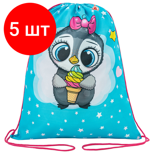 фото Комплект 5 шт, мешок для обуви пифагор, 1 отделение, 42х34 см, "smart penguin", 271602