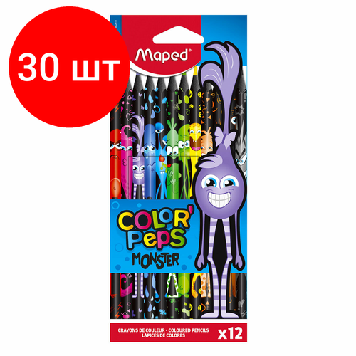 Комплект 30 шт, Карандаши цветные MAPED COLOR PEP'S Black Monster, набор 12 цветов, пластиковый корпус, 862612