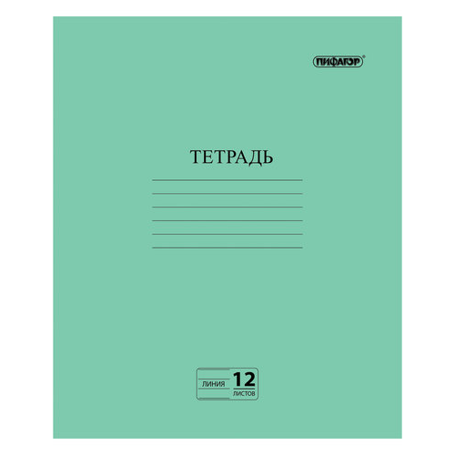 Тетрадь, зелёная обложка, 12 л, пифагор, офсет №2 эконом, линия с полями, 104985