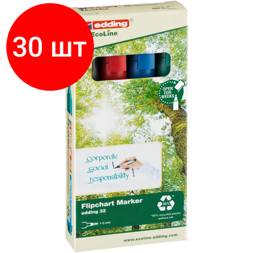 Комплект 30 наб, Набор маркеров для флипчартов EDDING 32 Ecoline, 1-5 мм, 4 цвета. карт кор