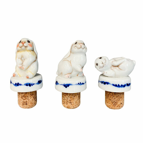 Набор универсальных пробок Зайчики в подарочной коробке Гжель ручная роспись