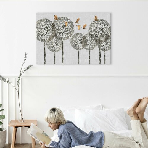 Картина на холсте для интерьера - Одуванчики, золотые птицы, минимализм 60х80 см