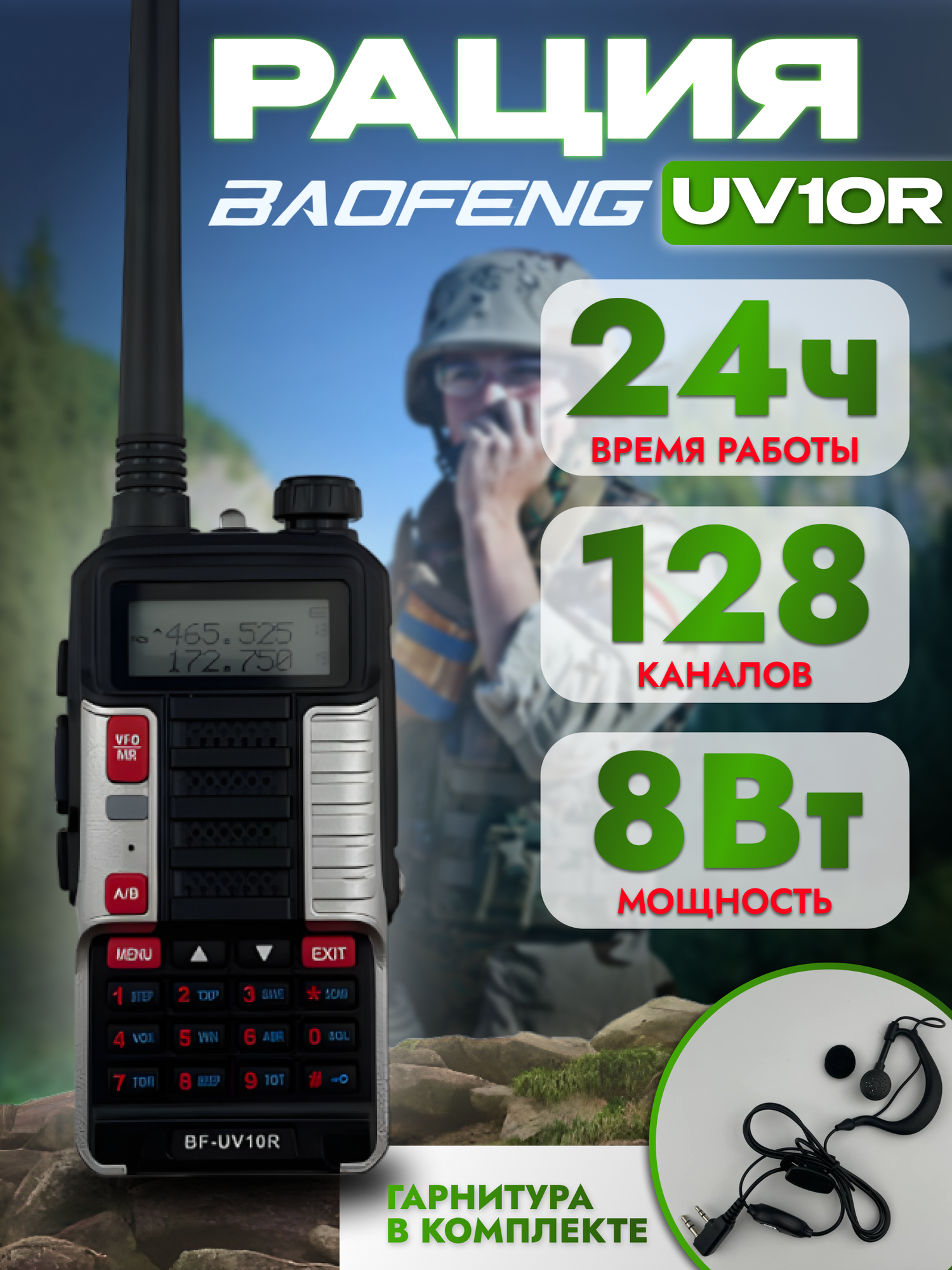 Рация серая тактическая BF-UV10R Plus 10W аудиотехника радиостанция с наушником