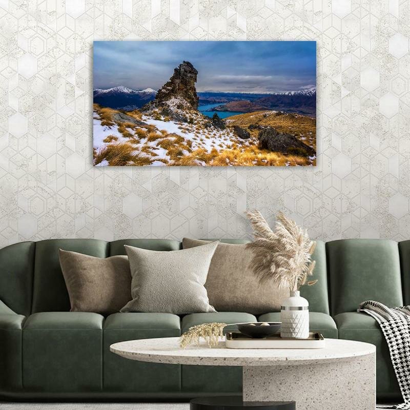 Картина на холсте 60x110 LinxOne "Небо озеро скала снег горы" интерьерная для дома / на стену / на кухню / с подрамником