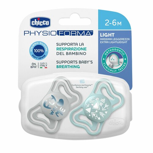 Chicco пустышка Physio Light,2шт,2-6мес, силикон, Blue, рис. стрелочки, нейтральный