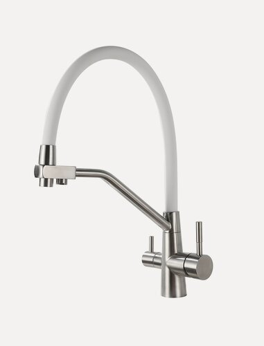 Изображение товара Смеситель для кухни OUTE матовый хром с белым изливом, однорычажный, с дополнительным выводом под фильтр питьевой воды, с аэратором, с гибким изливом.