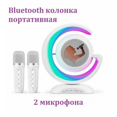 Портативная Bluetooth колонка с 2 микрофонами YS-110 / Беспроводной динамик для караоке со светодиодной подсветкой белый