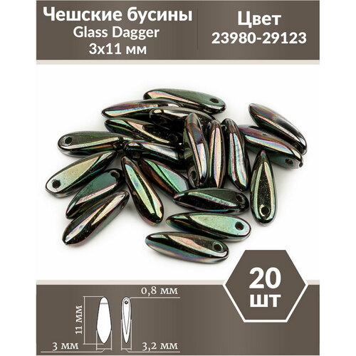 Чешские бусины, Glass Dagger, 3х11 мм, цвет Jet Apricot Medium Full, 20 шт.