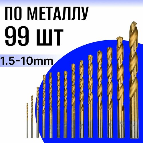 Набор сверл из твердосплавной стали HSS c титановым покрытием 99 предметов (1,5мм 2мм 2,5мм 3мм 3,2мм 3,5мм 4мм 4,5мм 5мм 5,5мм 6мм 8мм 10мм)