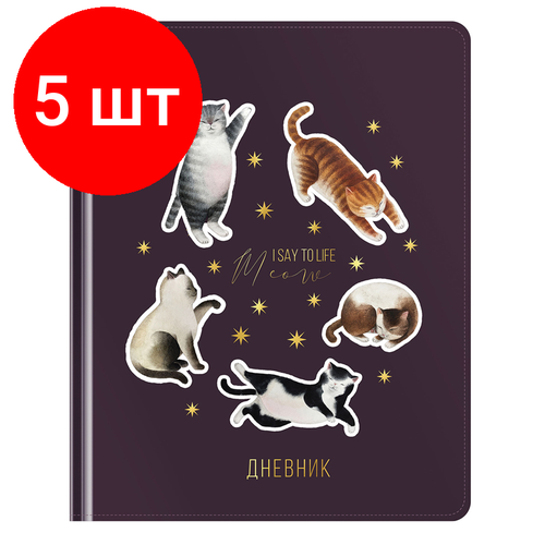 Комплект 5 шт, Дневник 1-11 кл. 48л. Лайт Greenwich Line I say meow, иск. кожа, аппликация, тиснение фольгой, тон. блок, ляссе