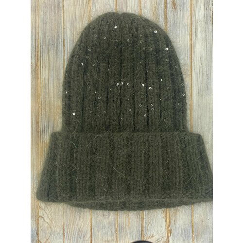фото Шапка бини hand made шерстяная шапка пух норки ручная работа (пуховая one size), размер 56-60, хаки, зеленый