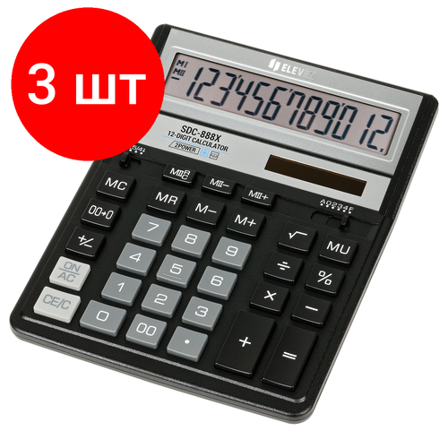 Комплект 3 шт, Калькулятор настольный Eleven SDC-888X-BK, 12 разрядов, двойное питание, 158*203*31мм, черный