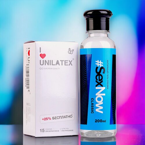Изображение товара Набор презервативы ультратонкие Unilatex Ultrathin 12+3 шт и гель лубрикант SexNow Classic 200 мл / смазка для интимного применения на водной основе